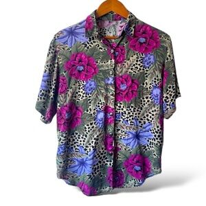 Vintage Floral Cheetah Print Short Sleeve Button Down Shirt Unisex M Multicolor